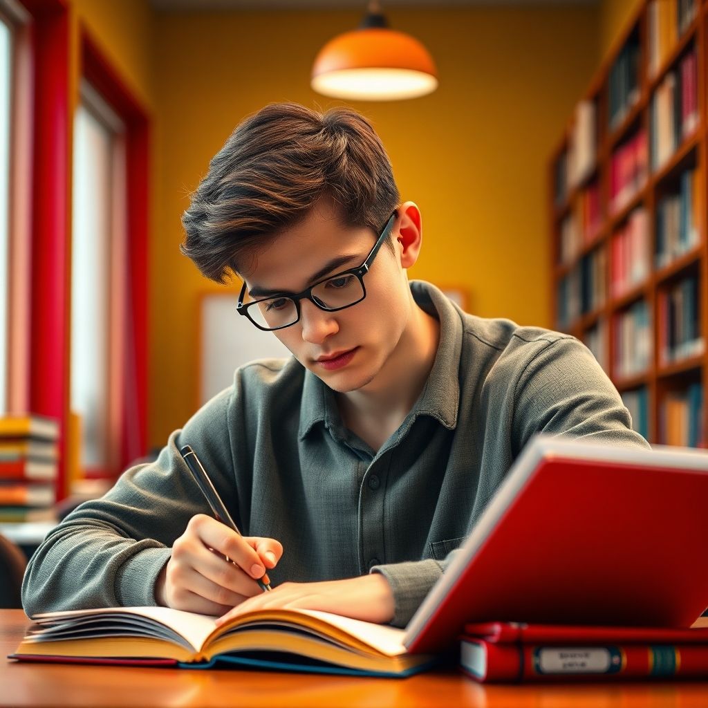 University student engaged in focused writing activity.