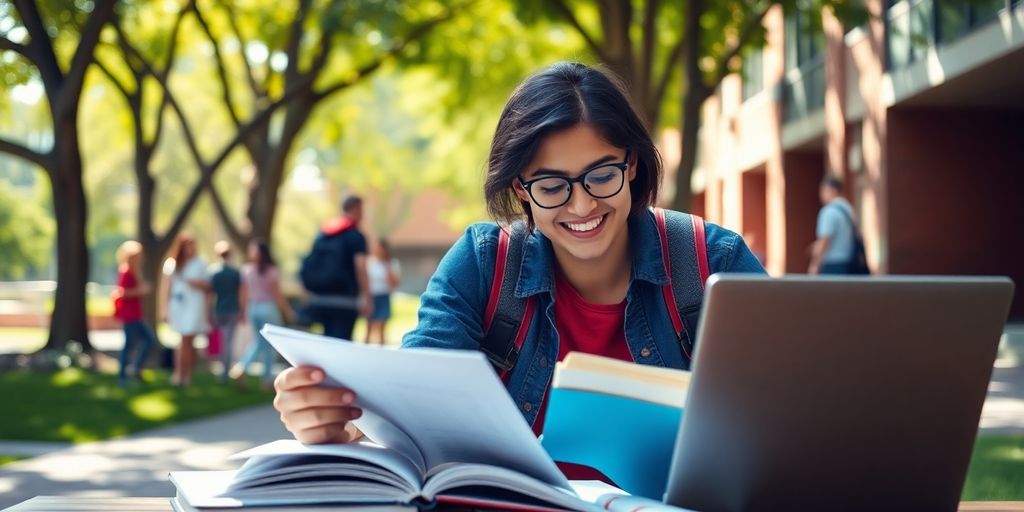 University student studying in a vibrant campus setting.