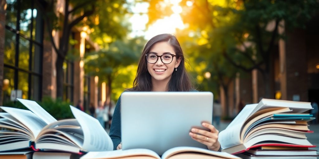 University student in a vibrant campus studying with books.