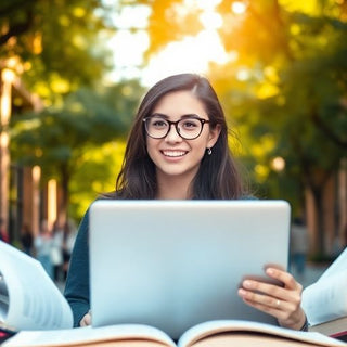 University student in a vibrant campus studying with books.