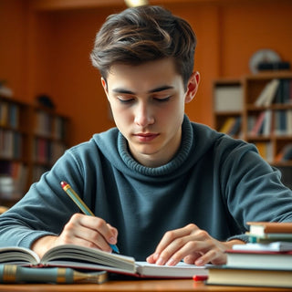 University student writing in a colorful study environment.