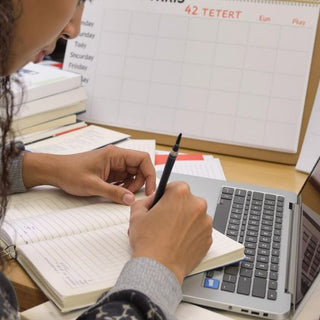 Student writing with laptop and notes, 42-day plan.