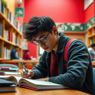 University student writing in a colorful study environment.