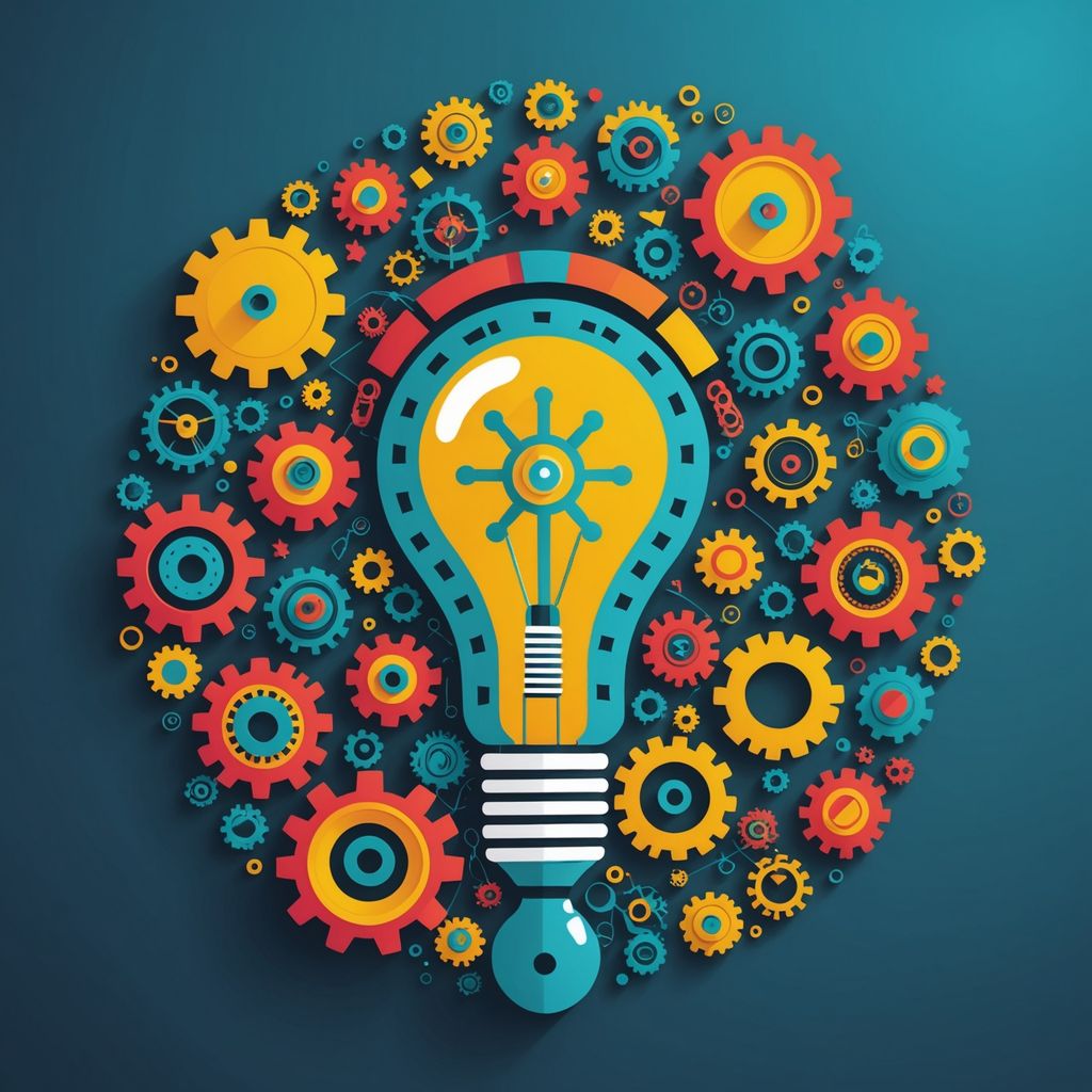 Lightbulb with gears and academic icons