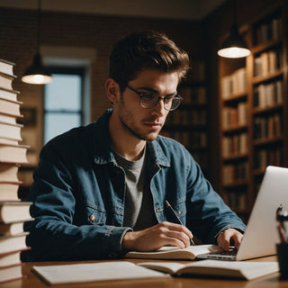 Focused student writing thesis with books and laptop.