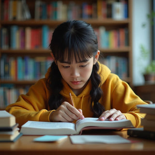 University student reading in a colorful environment.