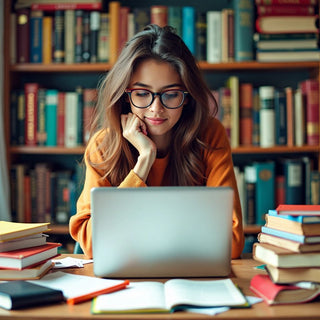 Estudiante investigando para tesis con libros y computadora portátil.