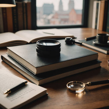 Research desk with books, journals, and magnifying glass