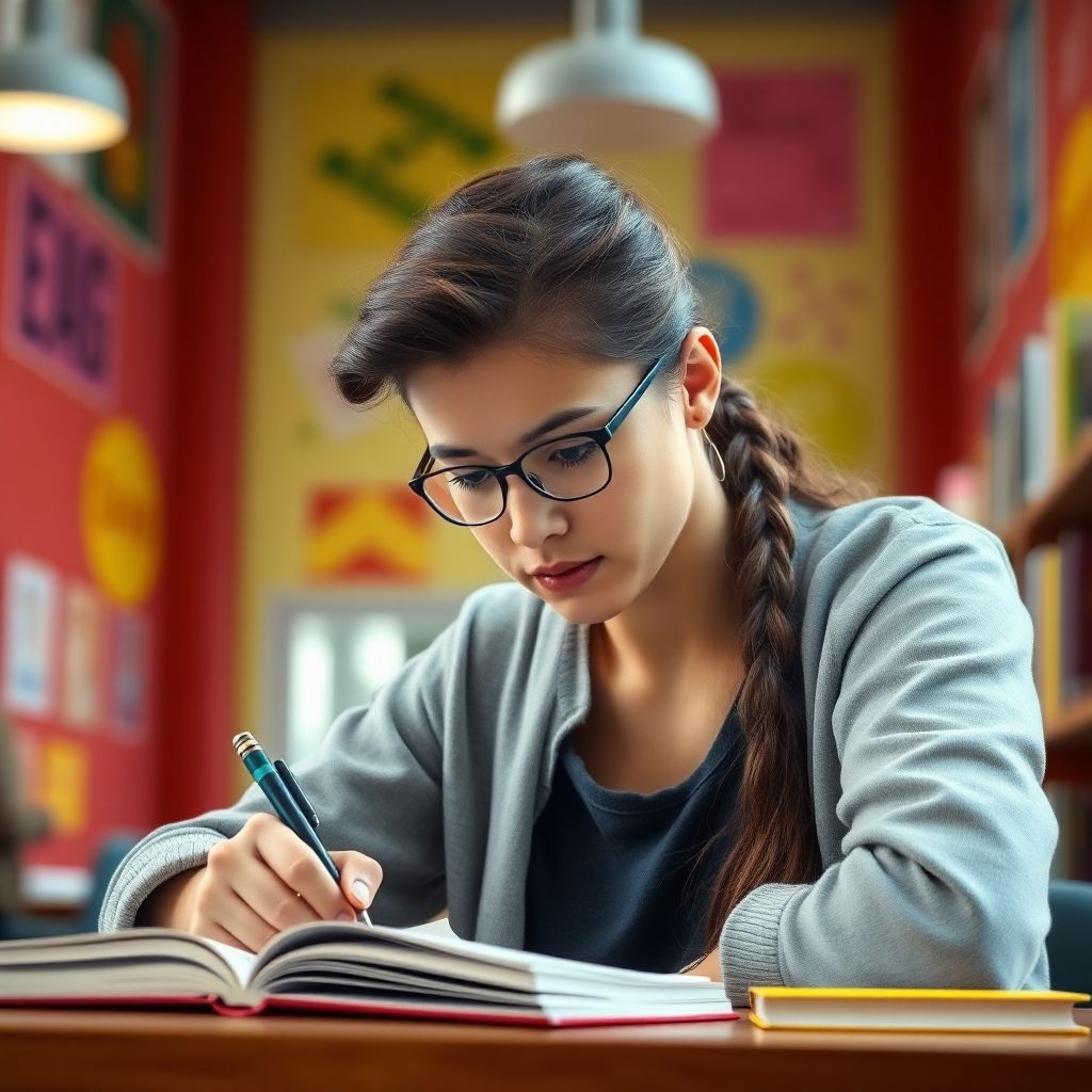 Estudante universitário escrevendo em um ambiente colorido.