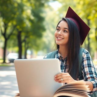 University student in a vibrant campus setting with books.