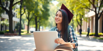 University student in a vibrant campus setting with books.