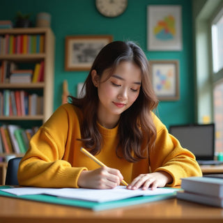 University student engaged in writing in a study space.