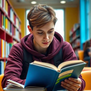 University student reading in a vibrant study environment.