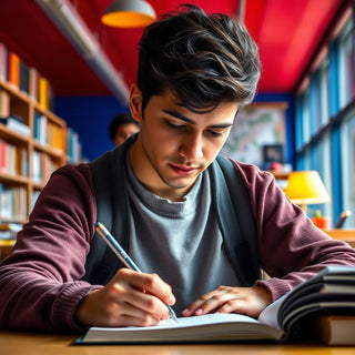 University student writing in a vibrant study environment.