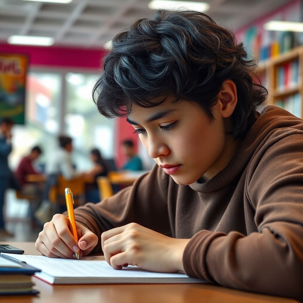 University student writing in a vibrant study environment.