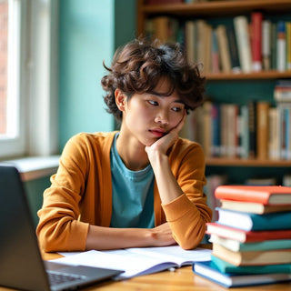 Student contemplating thesis length with papers and books.