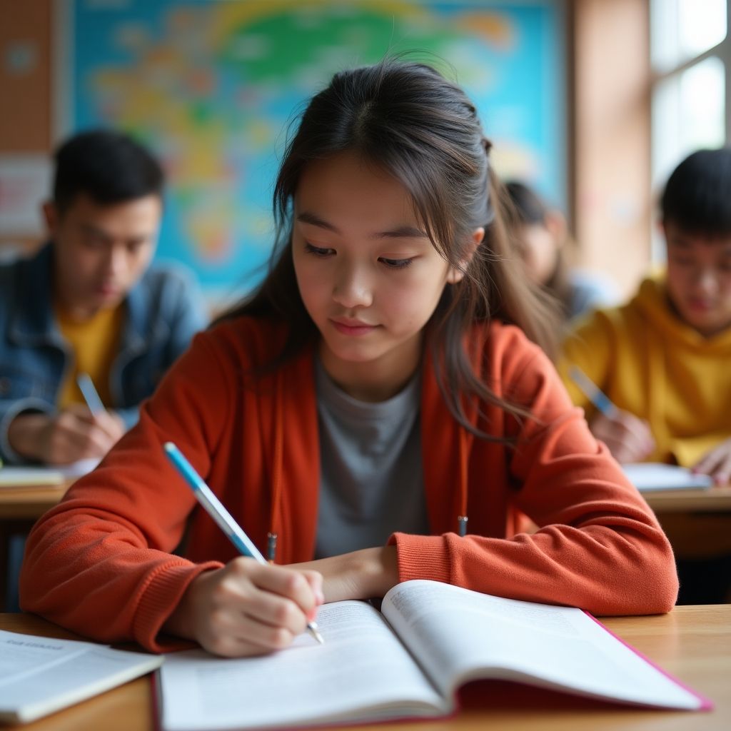 University student writing in a vibrant, colorful setting.