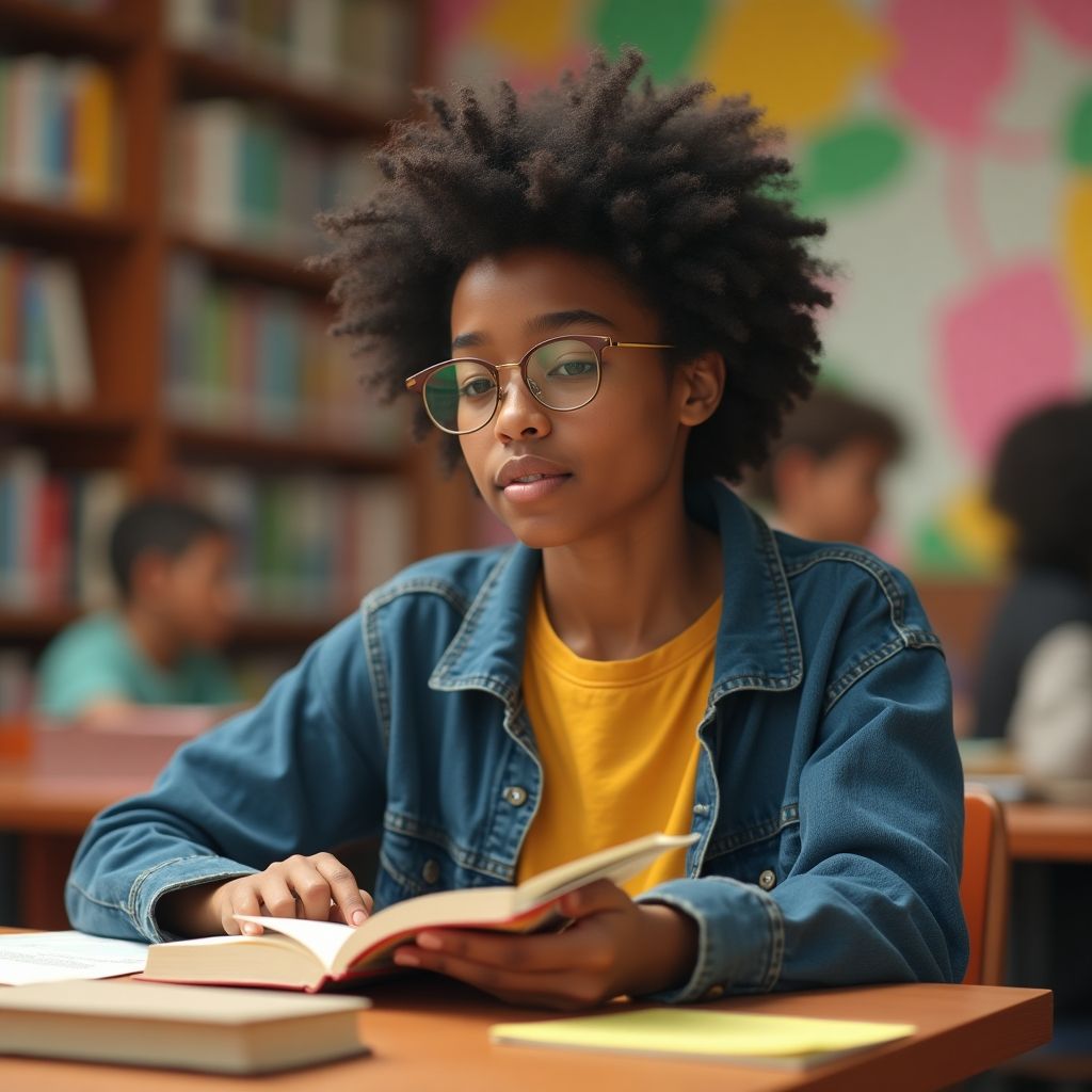 University student reading in a vibrant, colorful setting.