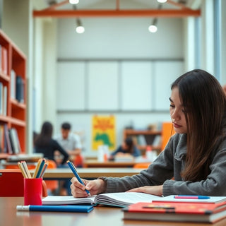 University student writing in a vibrant study environment.