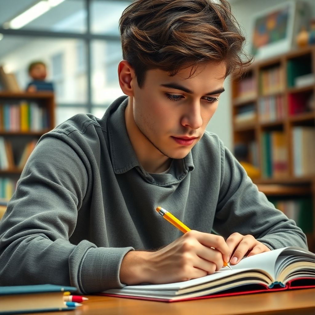 University student writing in a vibrant study environment.