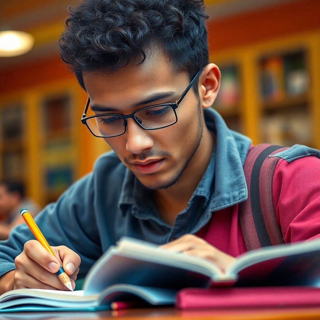 Estudiante escribiendo en un entorno universitario vibrante.