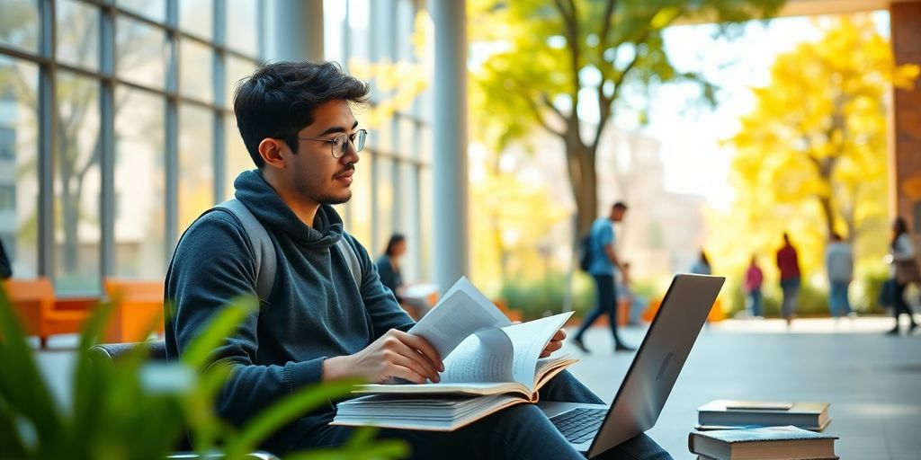 University student studying on a vibrant campus.