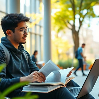 University student studying on a vibrant campus.