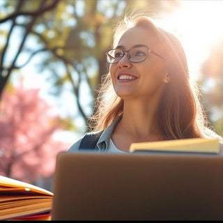 University student in a lively campus with books and laptop.