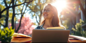 University student in a lively campus with books and laptop.