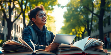 University student studying in a vibrant campus setting.