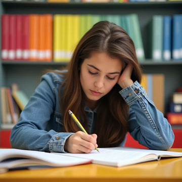 University student writing in a vibrant environment.