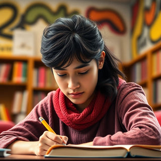 University student writing in a vibrant study environment.