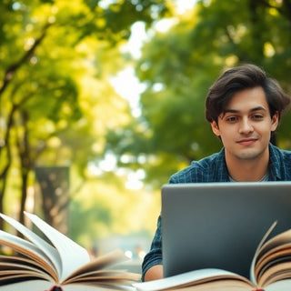 University student in a vibrant campus environment with books.