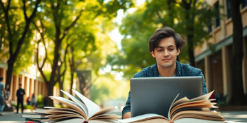 University student in a vibrant campus environment with books.