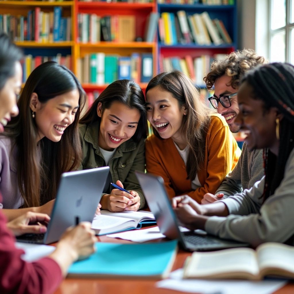 छात्र एक जीवंत सेटिंग में थीसिस लेखन पर सहयोग कर रहे हैं।
