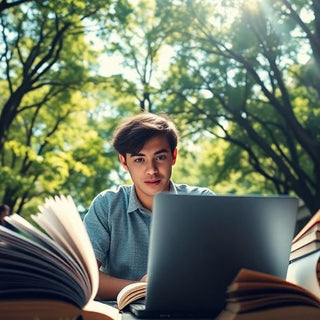 University student in a vibrant campus environment with books.