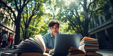 University student in a vibrant campus environment with books.