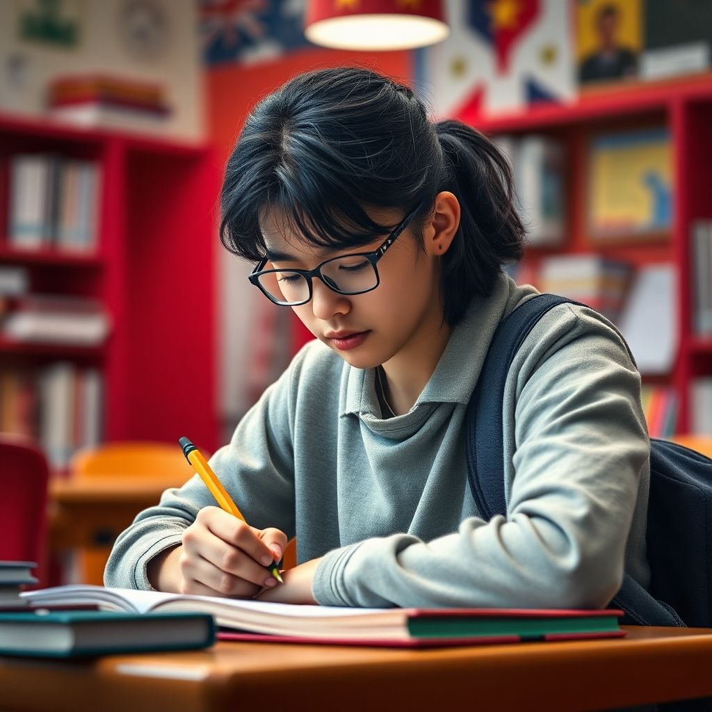 University student writing in a vibrant study environment.