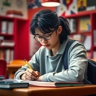 University student writing in a vibrant study environment.