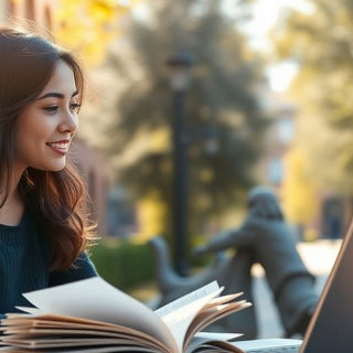 University student studying in a vibrant, sunlit campus environment.