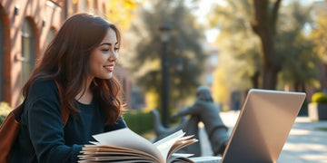 University student studying in a vibrant, sunlit campus environment.