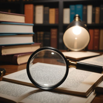 Magnifying glass examining books and papers for research