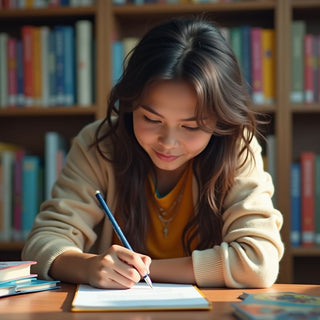 Estudante universitário escrevendo em um ambiente colorido.