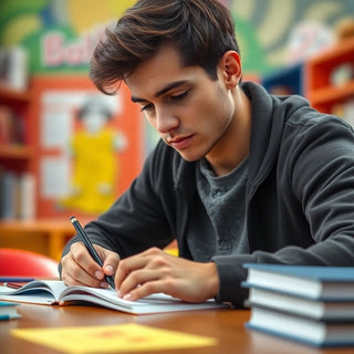 University student writing in a vibrant study environment.