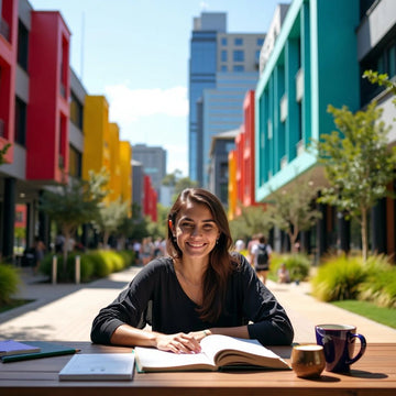 Estudiante estudiando en un entorno universitario colorido de Melbourne.