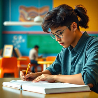 University student writing in a vibrant study environment.