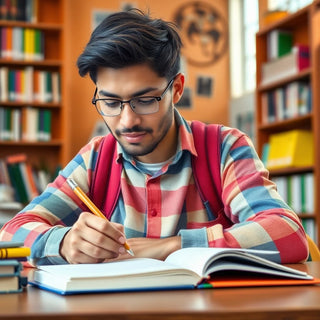 University student writing in a vibrant study environment.