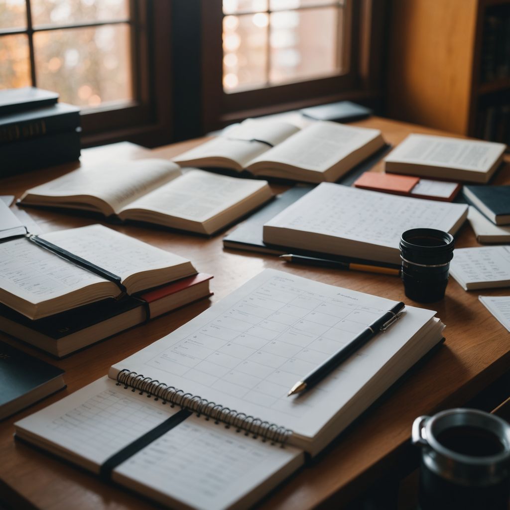 Student planning thesis with calendar and books