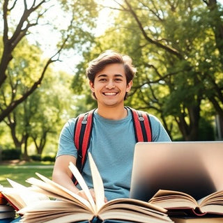 Student surrounded by books and a laptop on campus.