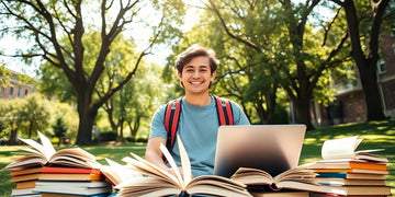 Student surrounded by books and a laptop on campus.